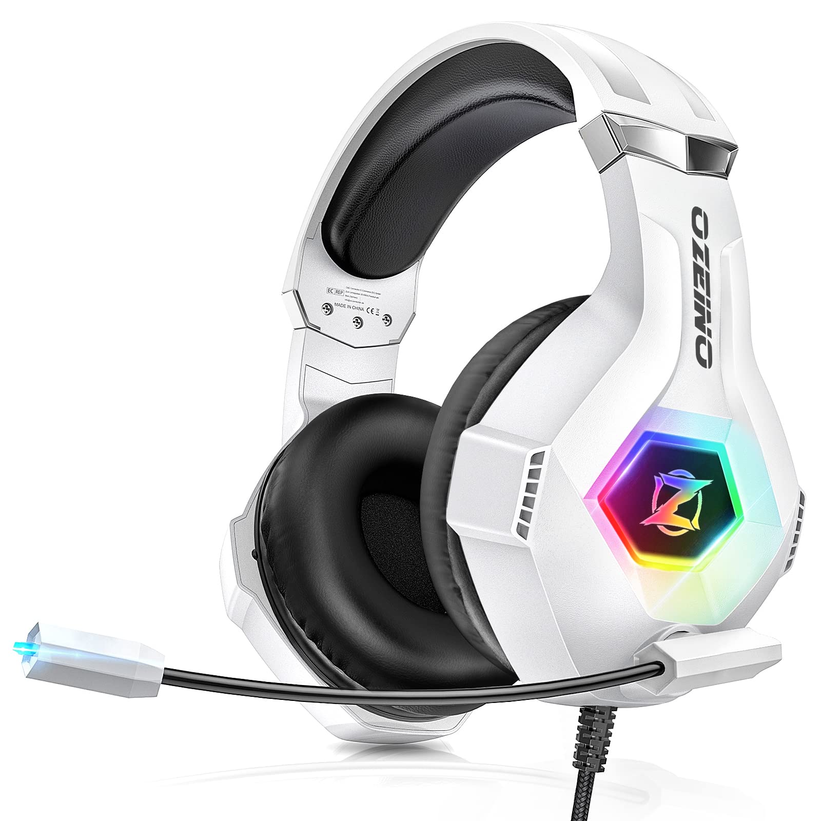 Casque gaming sur-oreille noir et argent, coussinets noirs, éclairage RGB sur l’oreillette