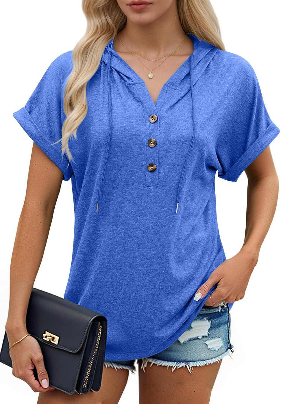 isermeo Womens Oversized Short Rolled Sleeve Summer Hoodie T Shirt 2024 Trendy Henley Button Tshirts S-XXL