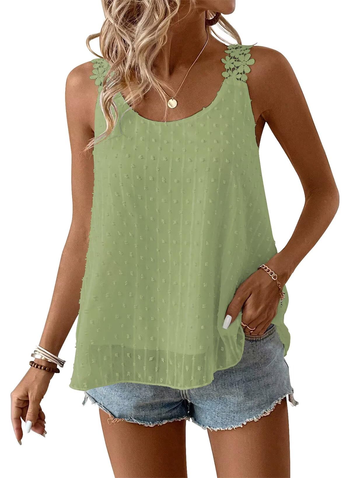 Falechay Womens Tank Tops Flowy Sleeveless Summer Boho Tank Top for Women Crewneck Spaghetti Strap Lace Camisole Shirts