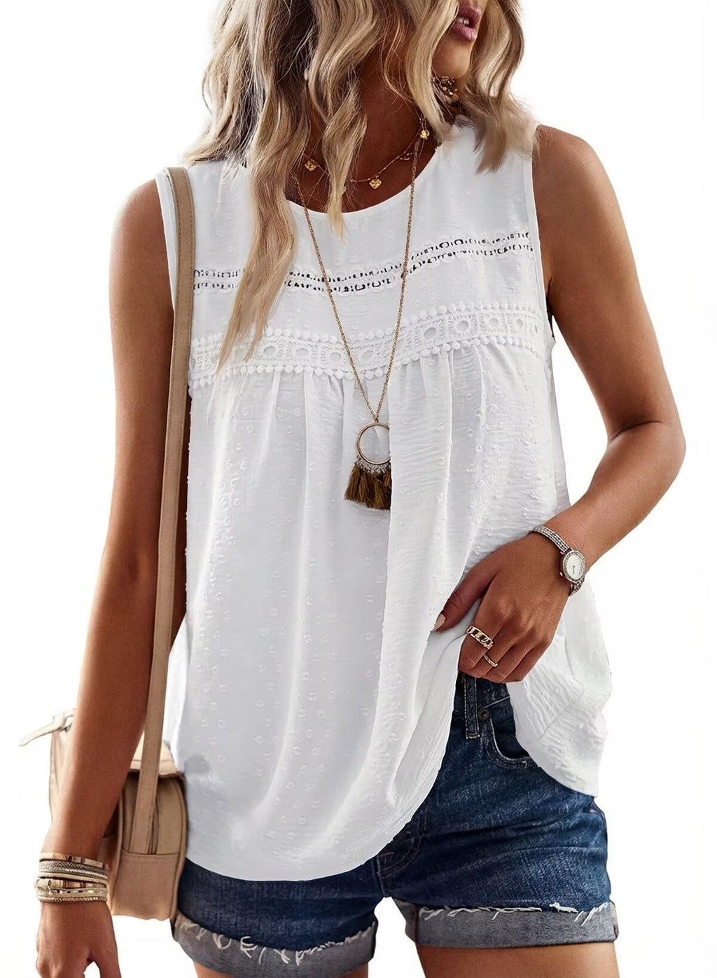 Falechay Womens Summer Tops Boho Shirts Crewneck Sleeveless Tank Tops Flowy Lace Hem Casual Blouses Clothing Trendy 2026