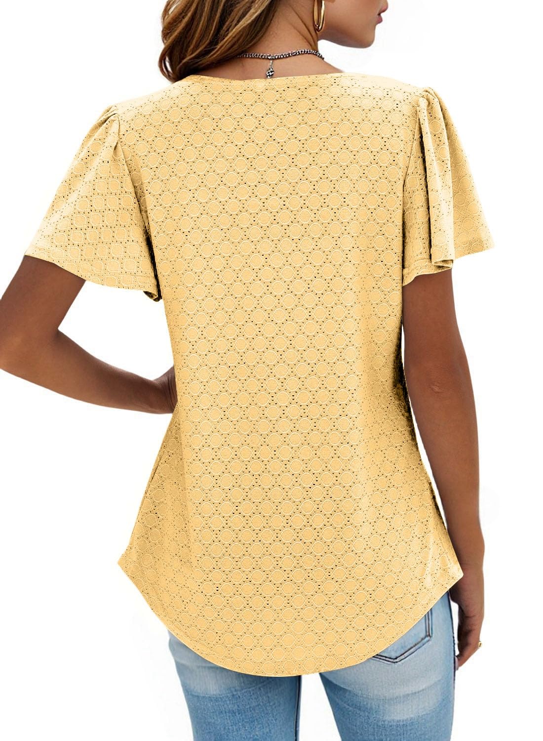 isermeo Summer Tops for Women Pleated Square Neck Ruffle Sleeve Shirts Casual Loose Flowy Curved Hem Tunic S-XXL