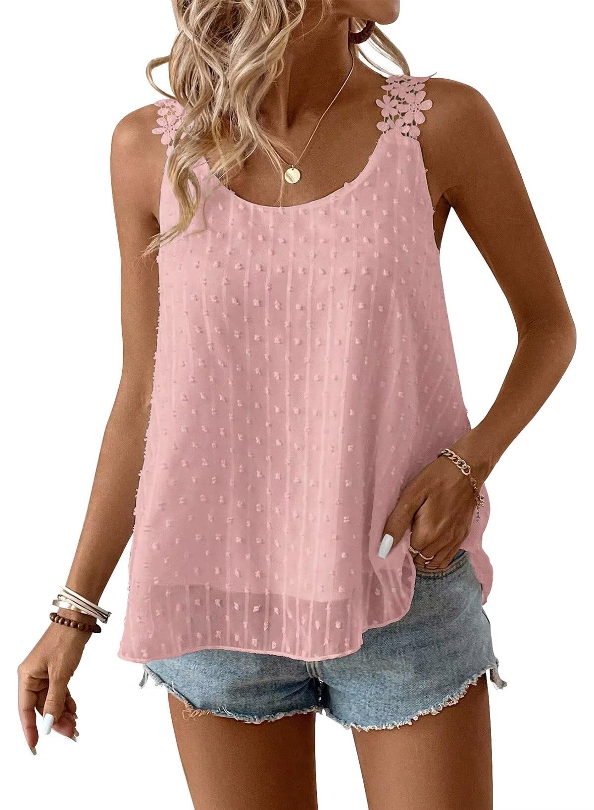 Falechay Womens Tank Tops Flowy Sleeveless Summer Boho Tank Top for Women Crewneck Spaghetti Strap Lace Camisole Shirts