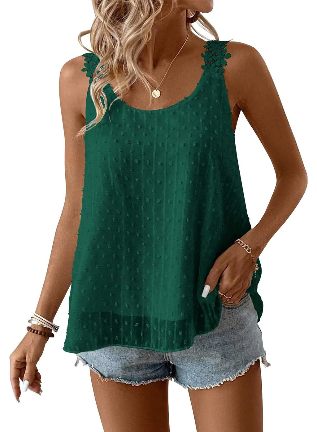 Falechay Womens Tank Tops Flowy Sleeveless Summer Boho Tank Top for Women Crewneck Spaghetti Strap Lace Camisole Shirts