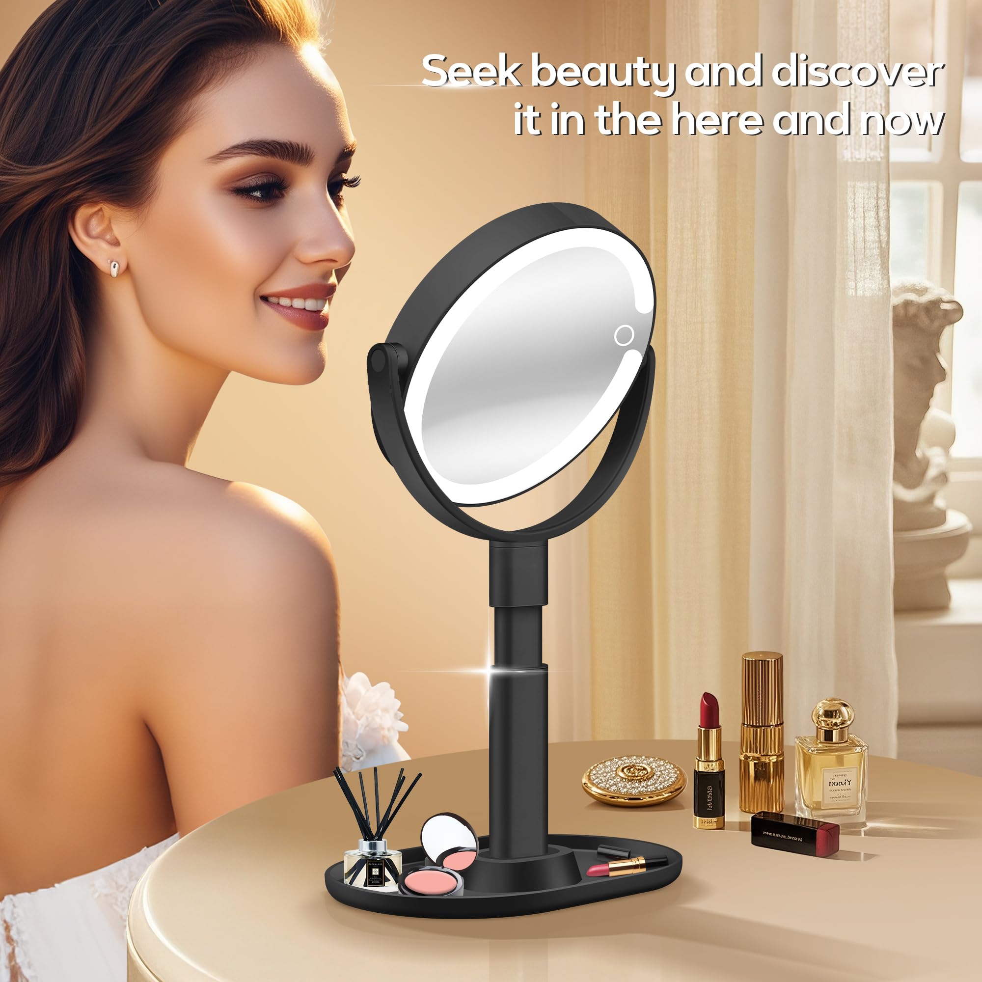 Miroir de maquillage sur pied noir éclairé, grand cercle pour le visage