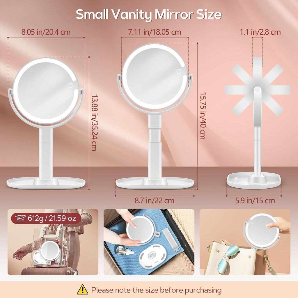 Petit miroir de table lumineux rond sur pied blanc, vue de face
