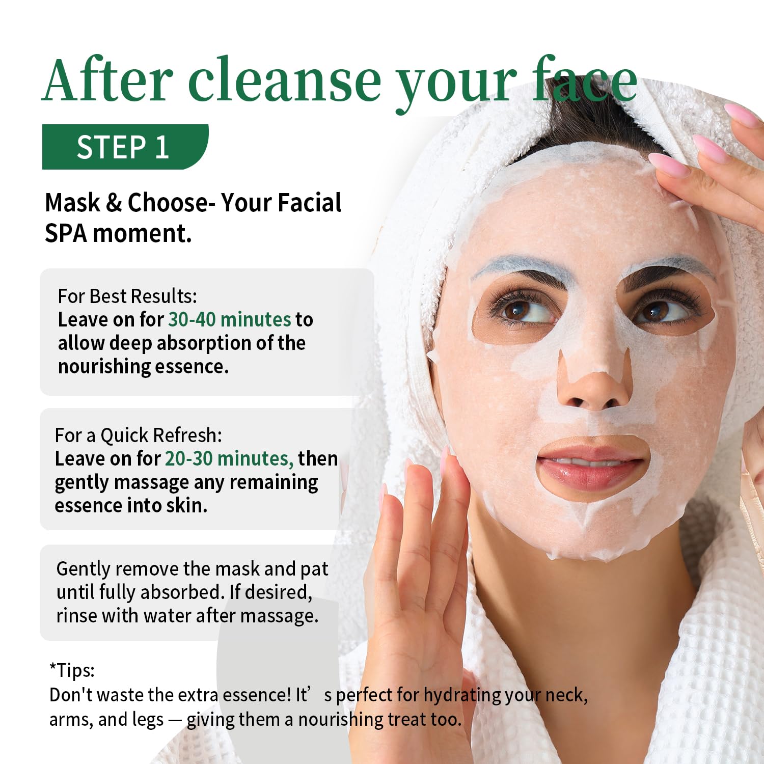 Masque facial en tissu sur le visage, main lisant l’adhérence au niveau des yeux