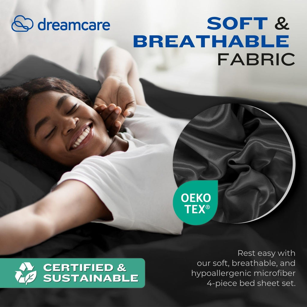 DREAMCARE Bedding Sets Queen - 4 Piece Queen Bed Sheets - Deep Pocket up to 15 in - Draps Lit Queen - Luxury Hotel Sheets & Pillowcases Set - Shrink & Fade Resistant (Queen, Black)