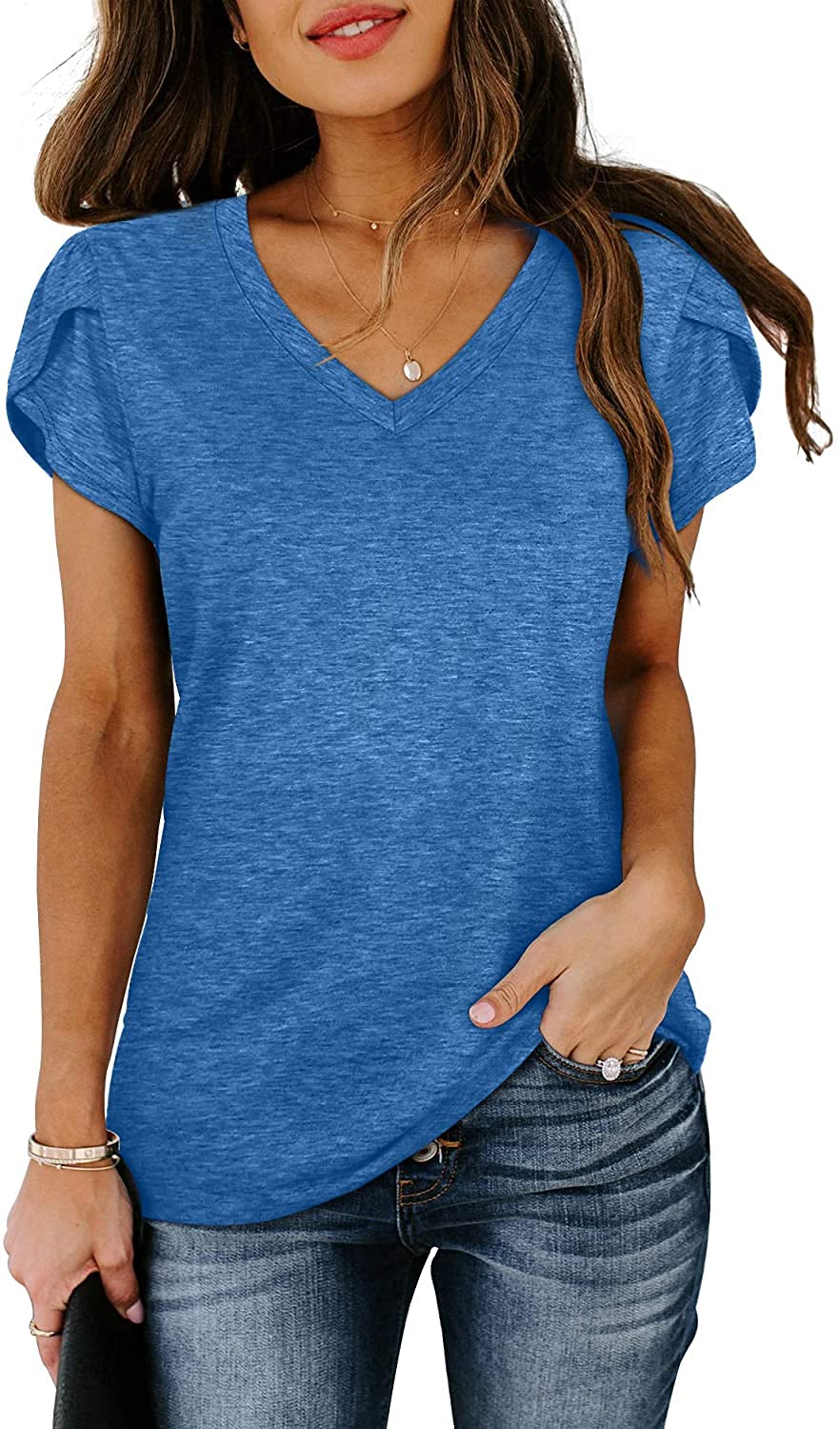 isermeo Womens Summer Tops Sexy V Neck Petal Sleeve Casual Solid Color Tee Tshirts S-XXL