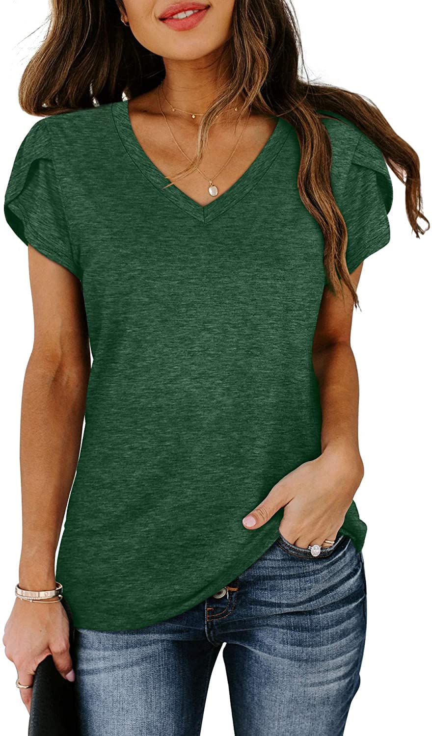 isermeo Womens Summer Tops Sexy V Neck Petal Sleeve Casual Solid Color Tee Tshirts S-XXL