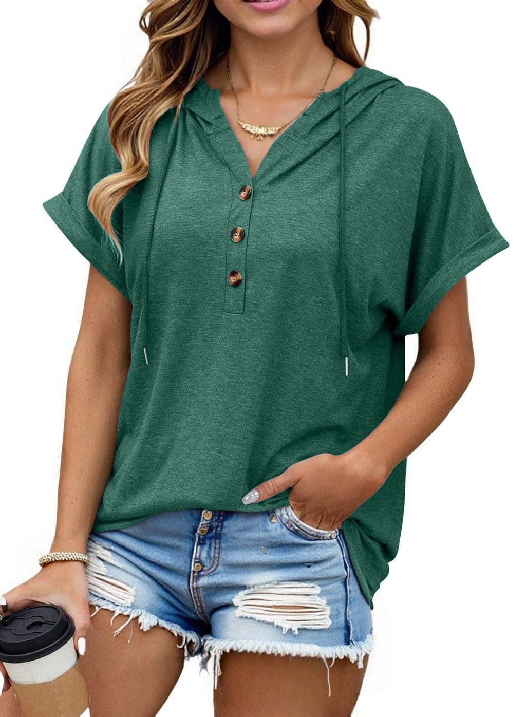 isermeo Womens Oversized Short Rolled Sleeve Summer Hoodie T Shirt 2024 Trendy Henley Button Tshirts S-XXL