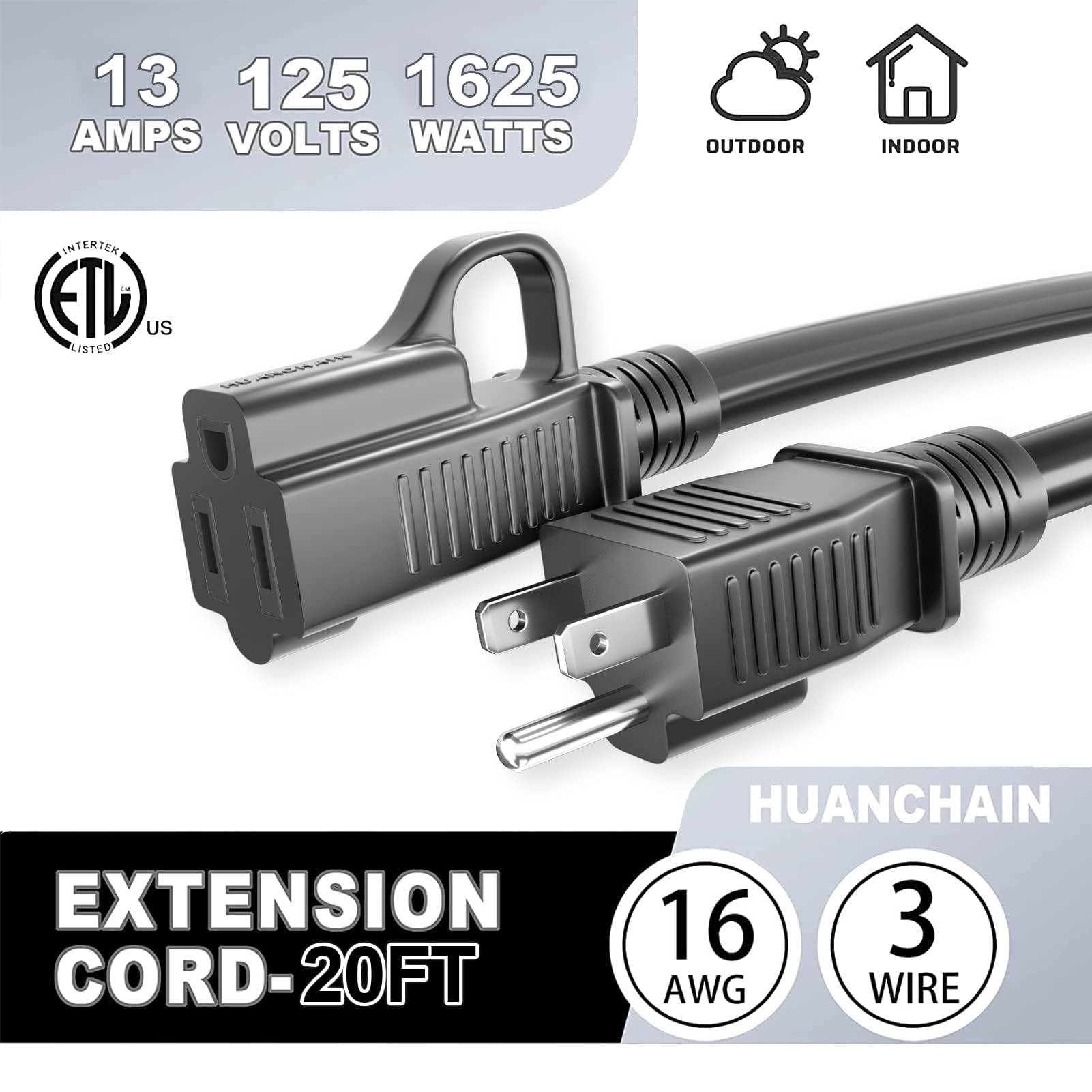 HUANCHAIN Indoor Outdoor Black Extension Cord 15 ft Waterproof, 16/3 Gauge Flexible Cold-Resistant Appliance Extension Cable Outside, 13A 1625W 16AWG SJTW, 3 Prong Electric Cord, ETL