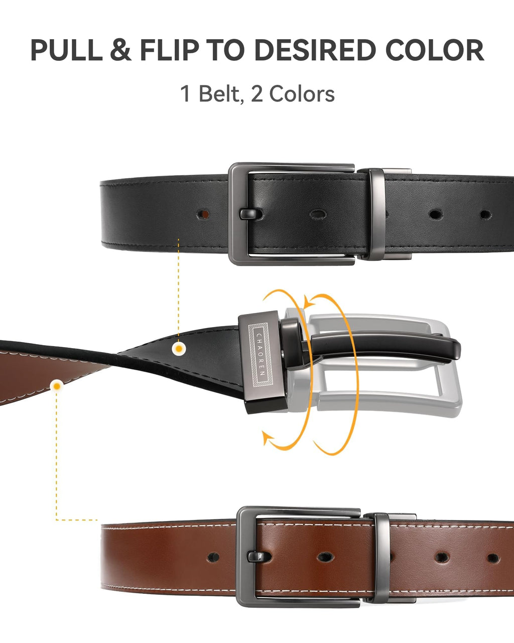 CHAOREN Reversible Mens Belt 1 Piece - 1 3/8" Mens Belts Leather for Casual Jeans Dress - One Belt, Two Colors