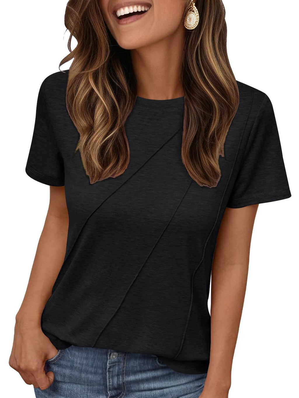 isermeo Women's Summer Short Sleeve Tops Casual Crewneck Fashion Pleated T-Shirts Blouses Trendy 2026 S-XXL