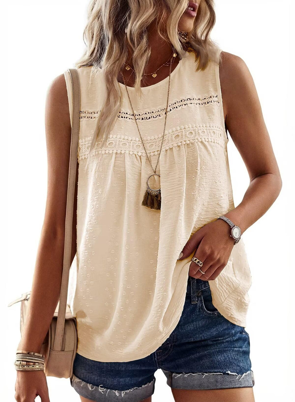 Falechay Womens Summer Tops Boho Shirts Crewneck Sleeveless Tank Tops Flowy Lace Hem Casual Blouses Clothing Trendy 2026
