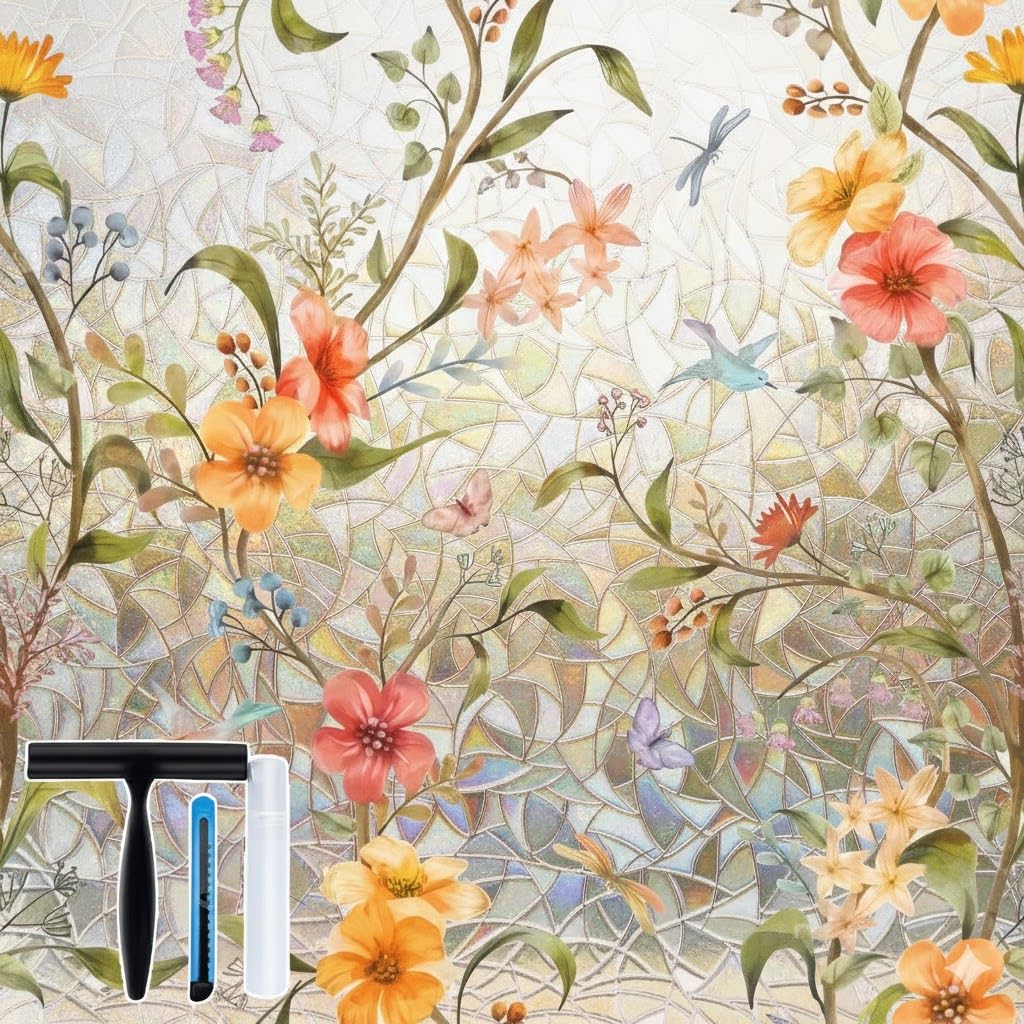 Film pour fenêtre en vitrail floral multicolore, motif fleurs et feuilles, adhérence statique.
