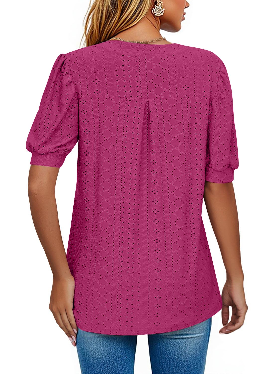 isermeo Womens Shirts Casual V Neck Tshirts Puff Short Sleeve Summer Tops Tunic Blouses S-XXL