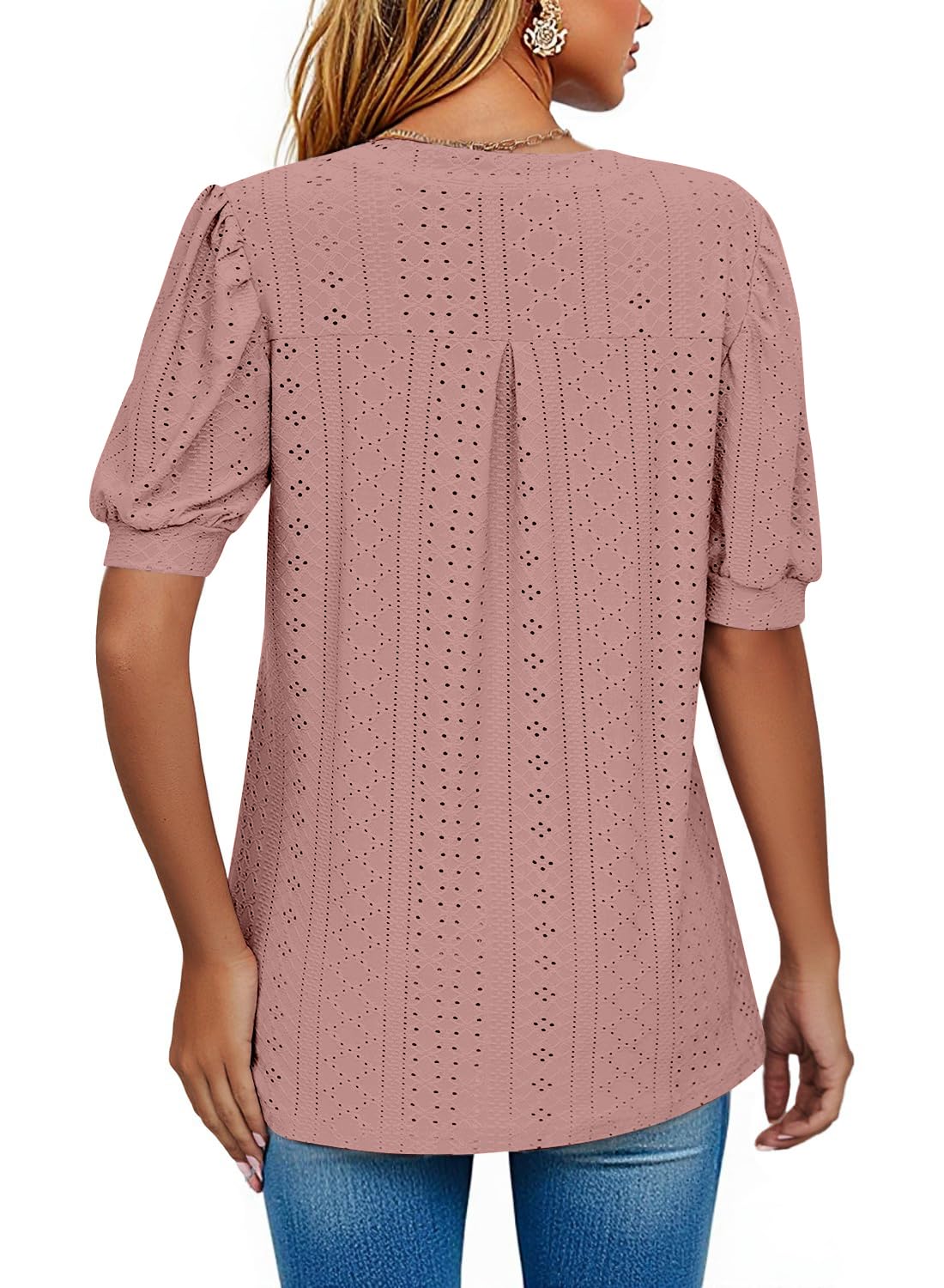 isermeo Womens Shirts Casual V Neck Tshirts Puff Short Sleeve Summer Tops Tunic Blouses S-XXL