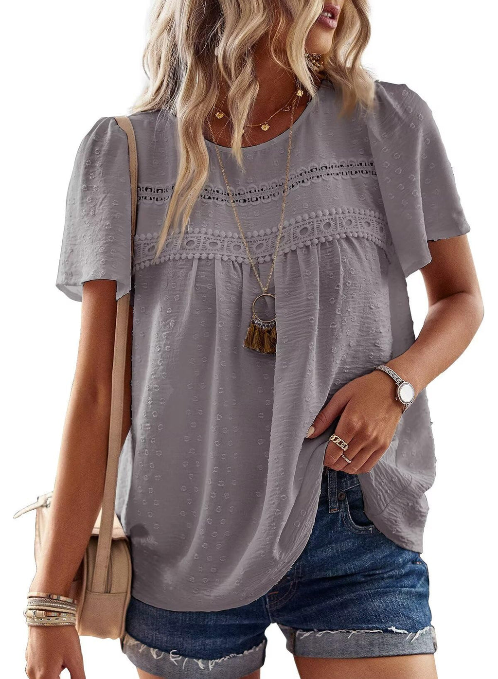 Falechay Womens Summer Tops Crewneck Short Sleeve Shirts Casual Chiffon Blouses Flowy Lace Hem Boho Clothing Trendy 2026