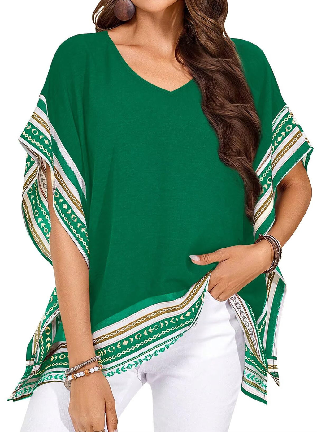 Falechay Women's Casual V Neck Floral Tops Batwing Sleeve Blouse Loose Fitting Shirts Boho Flowy Side Slit Tees