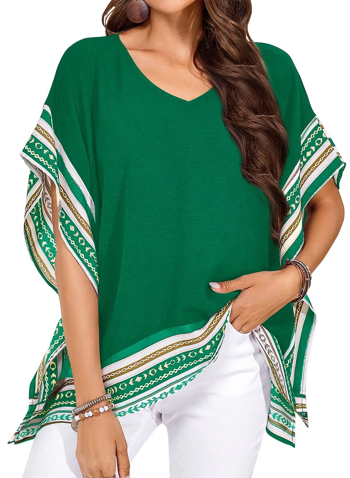 Falechay Women's Casual V Neck Floral Tops Batwing Sleeve Blouse Loose Fitting Shirts Boho Flowy Side Slit Tees