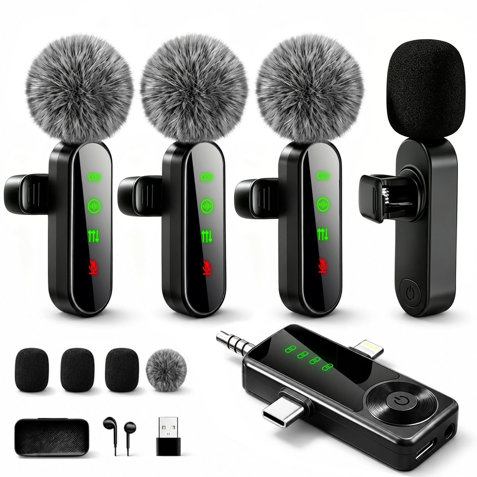 Jeu de 4 microphones cravate sans fil noirs avec bonnette et boîtier LED
