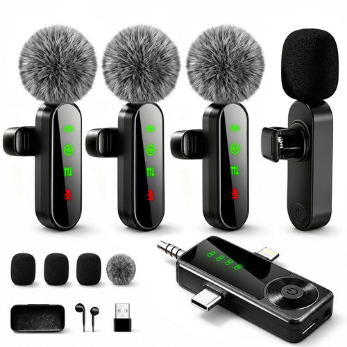 Jeu de 4 microphones cravate sans fil noirs avec bonnette et boîtier LED
