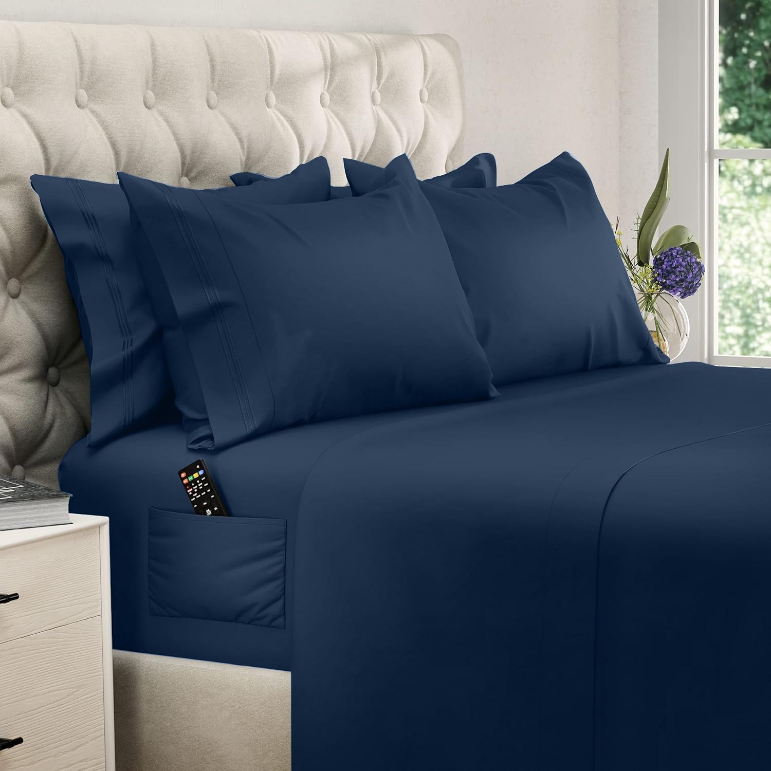 DREAMCARE Bedding Sets Queen - 6 Piece Queen Bed Sheets - Deep Pocket up to 15 in - Draps Lit Queen - Luxury Hotel Sheets & Pillowcases Set - Shrink & Fade Resistant (Queen, Navy Blue