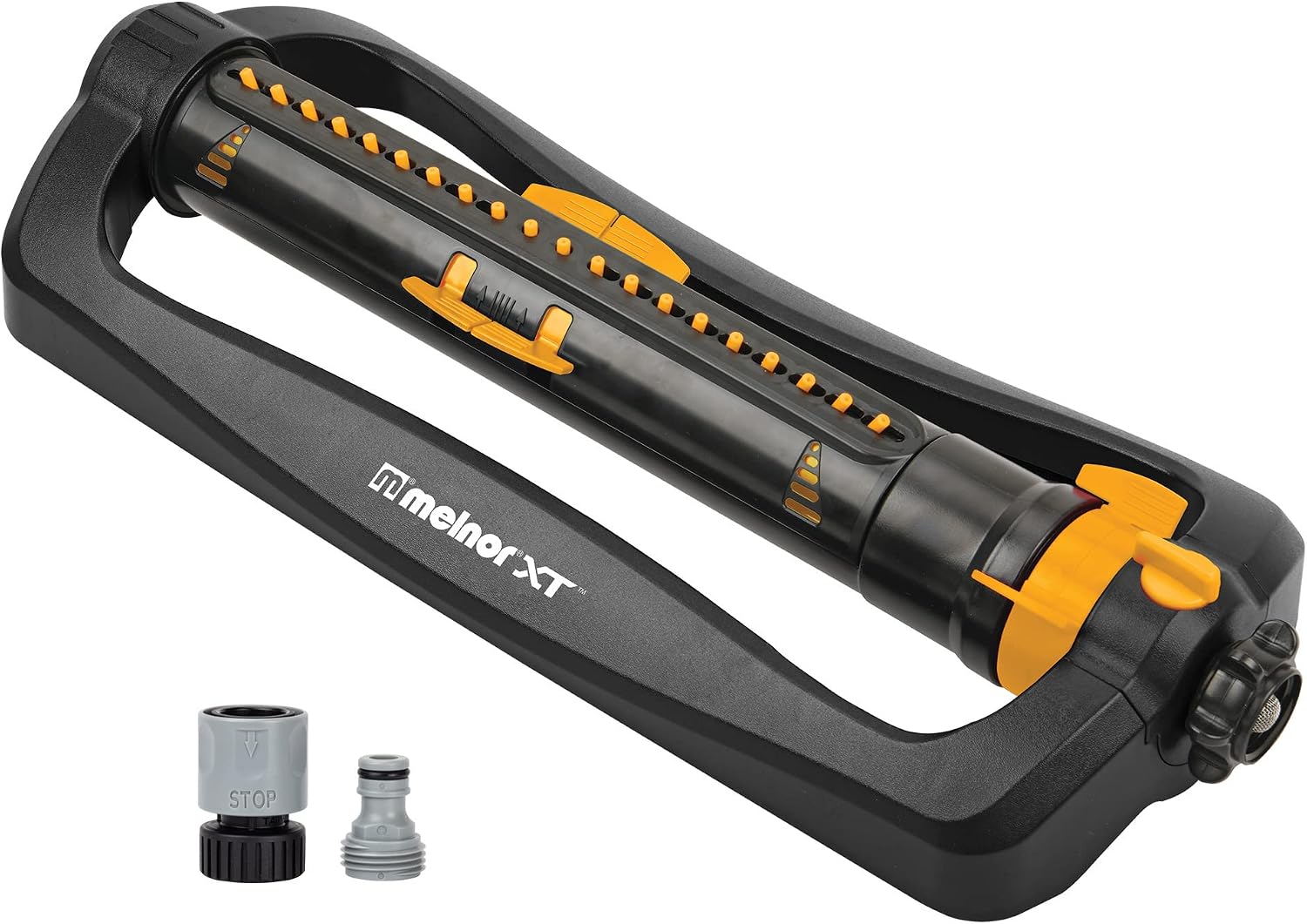 Arroseur oscillant MelnorXT noir et jaune avec tube et buses, pour jardin