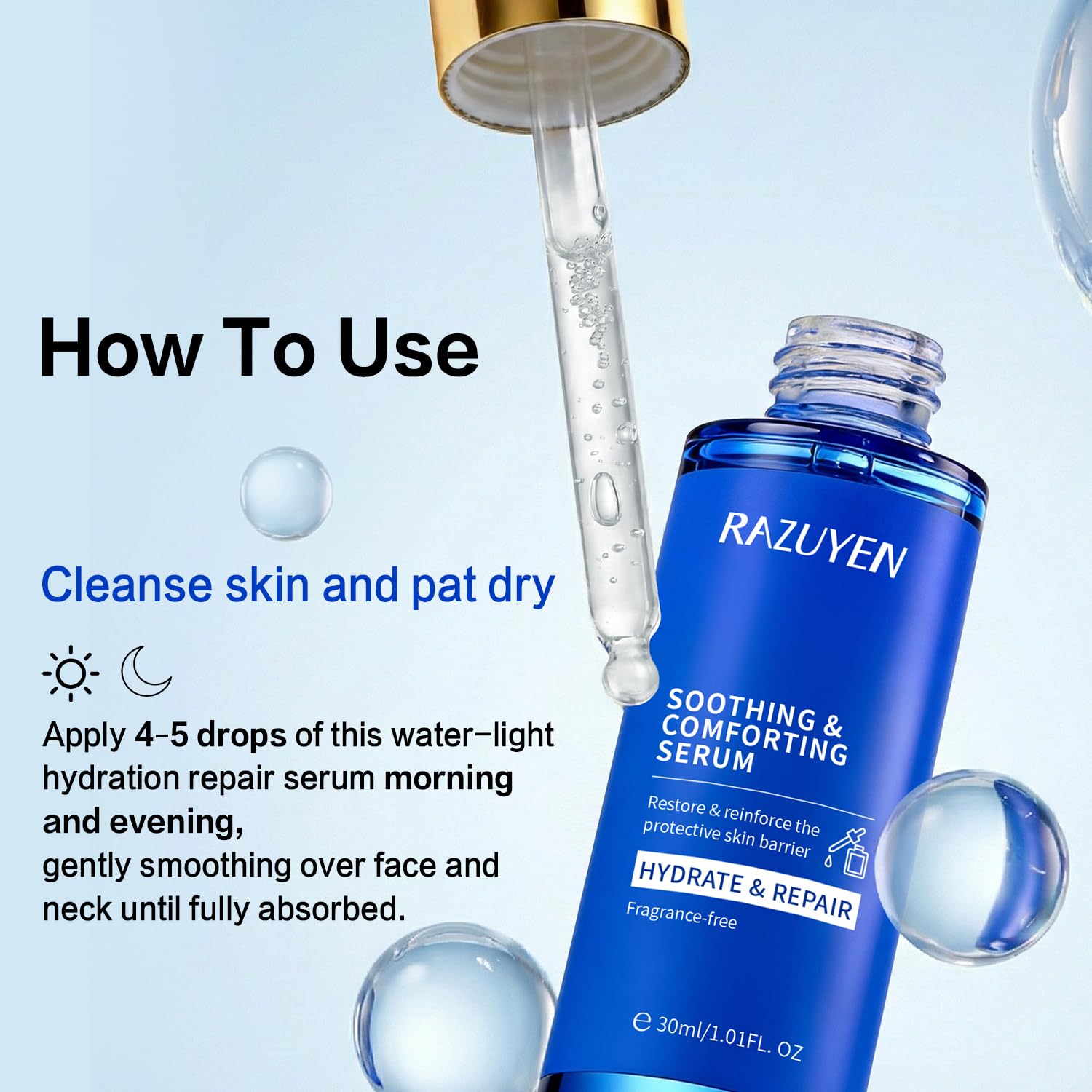Flacon de sérum visage bleu avec pipette verseuse et gouttes transparentes