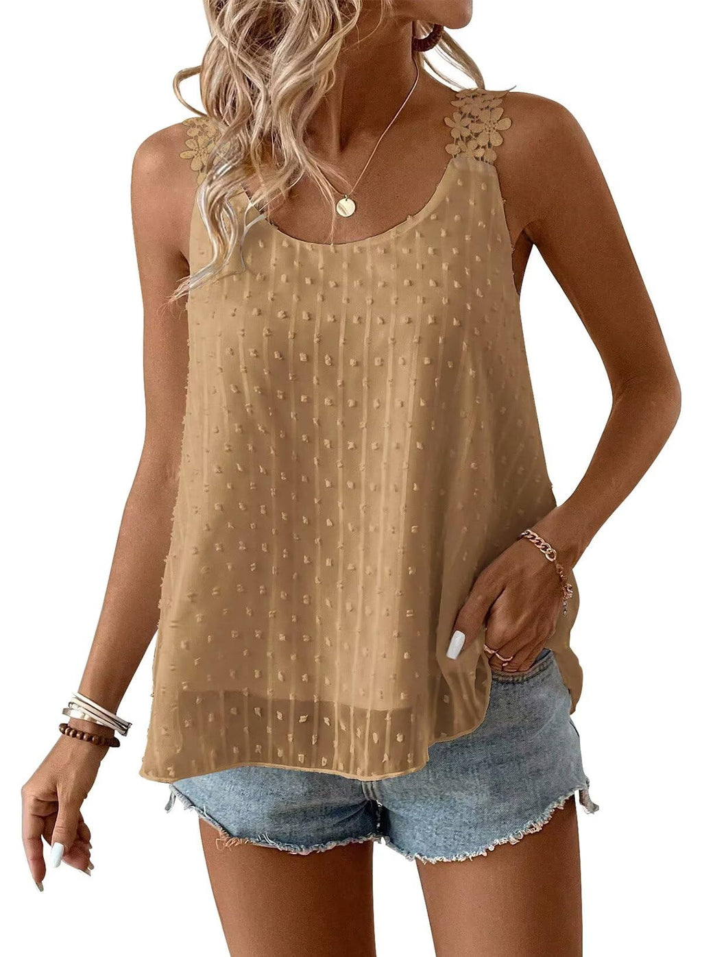 Falechay Womens Tank Tops Flowy Sleeveless Summer Boho Tank Top for Women Crewneck Spaghetti Strap Lace Camisole Shirts