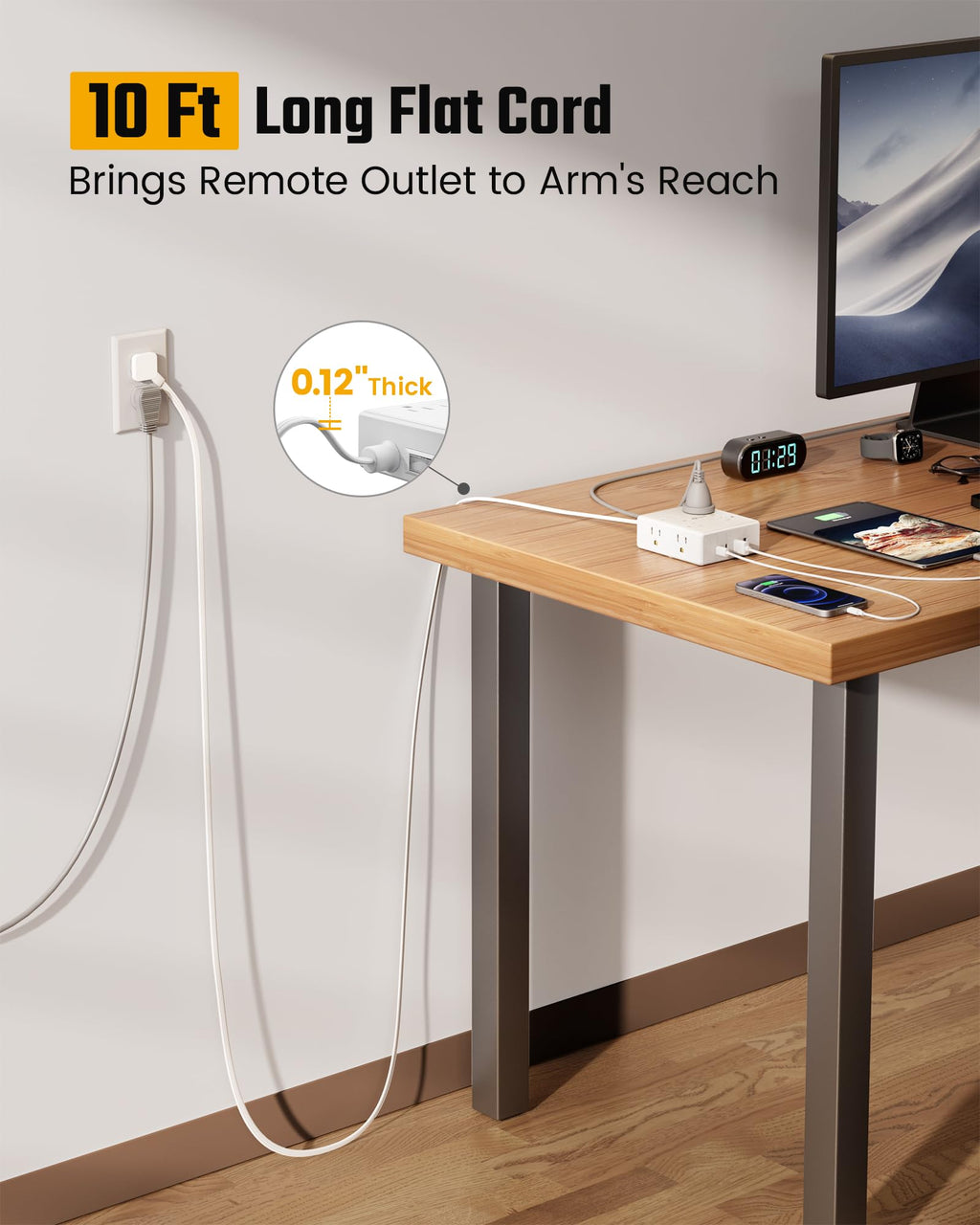 Surge Protector Power Bar, SUPERDANNY 6 Ft Extension Cord with 8 Outlets & 4USB Ports (2 USB 2 C), Mountable Flat Plug Power Strip, Surge Protection for Home, Office, Dorm