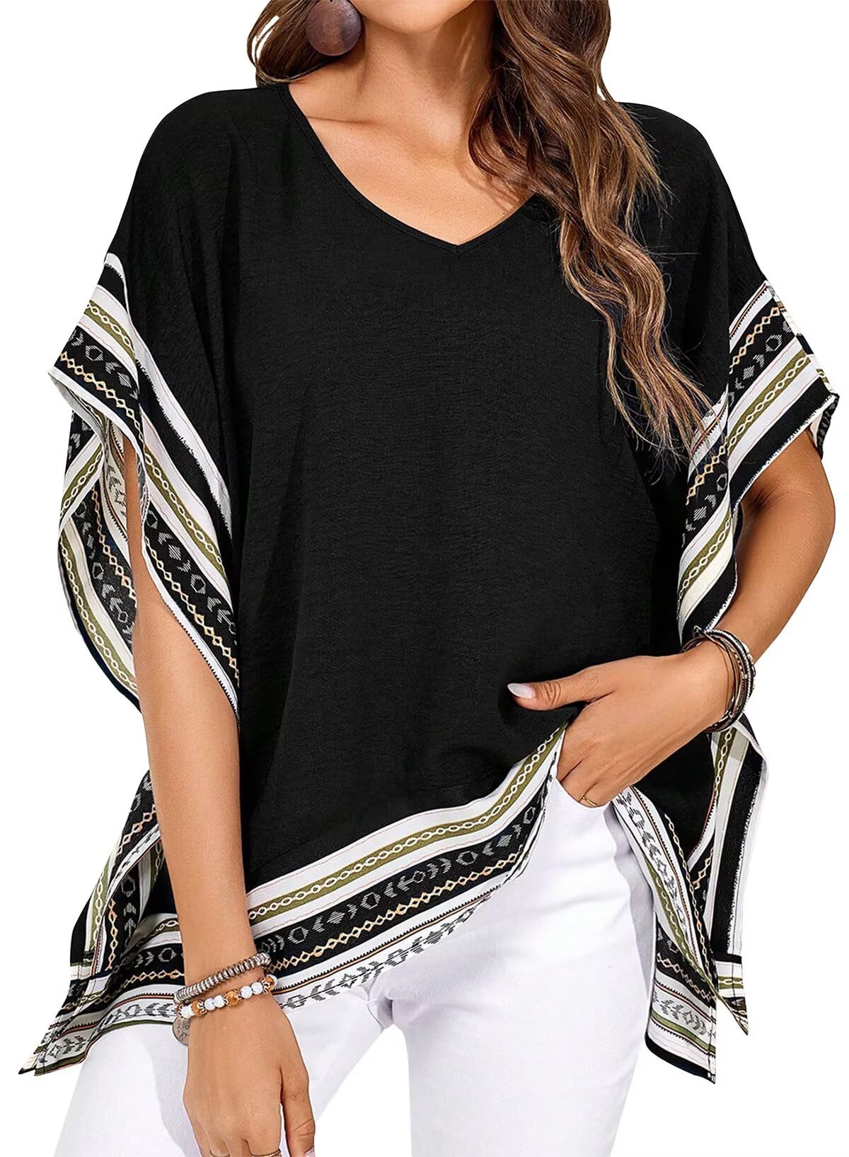 Falechay Women's Casual V Neck Floral Tops Batwing Sleeve Blouse Loose Fitting Shirts Boho Flowy Side Slit Tees