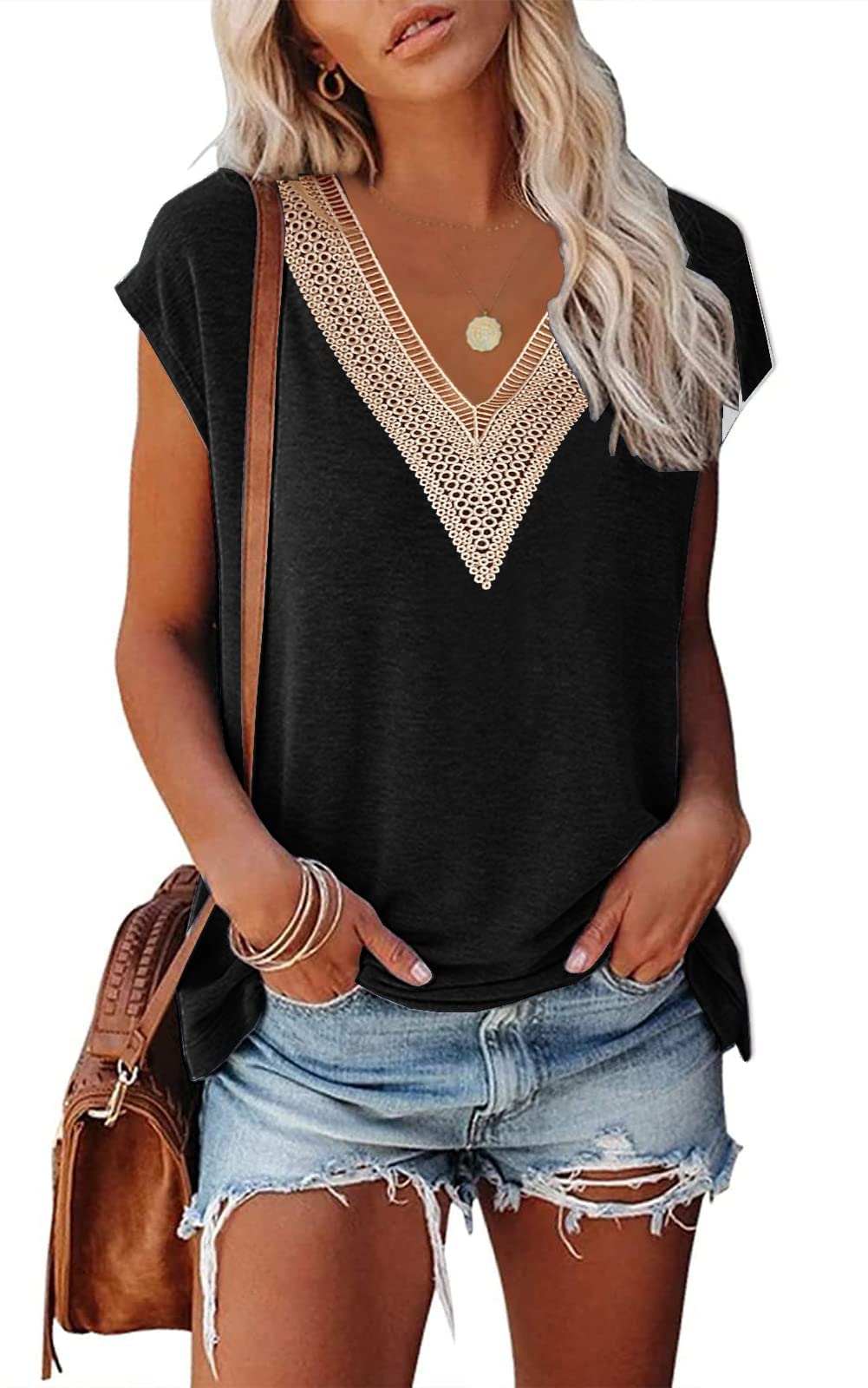 isermeo Womens Cap Sleeve Summer Tops Trendy Tank Tops Lace V Neck Loose Fit Shirts S-XXL