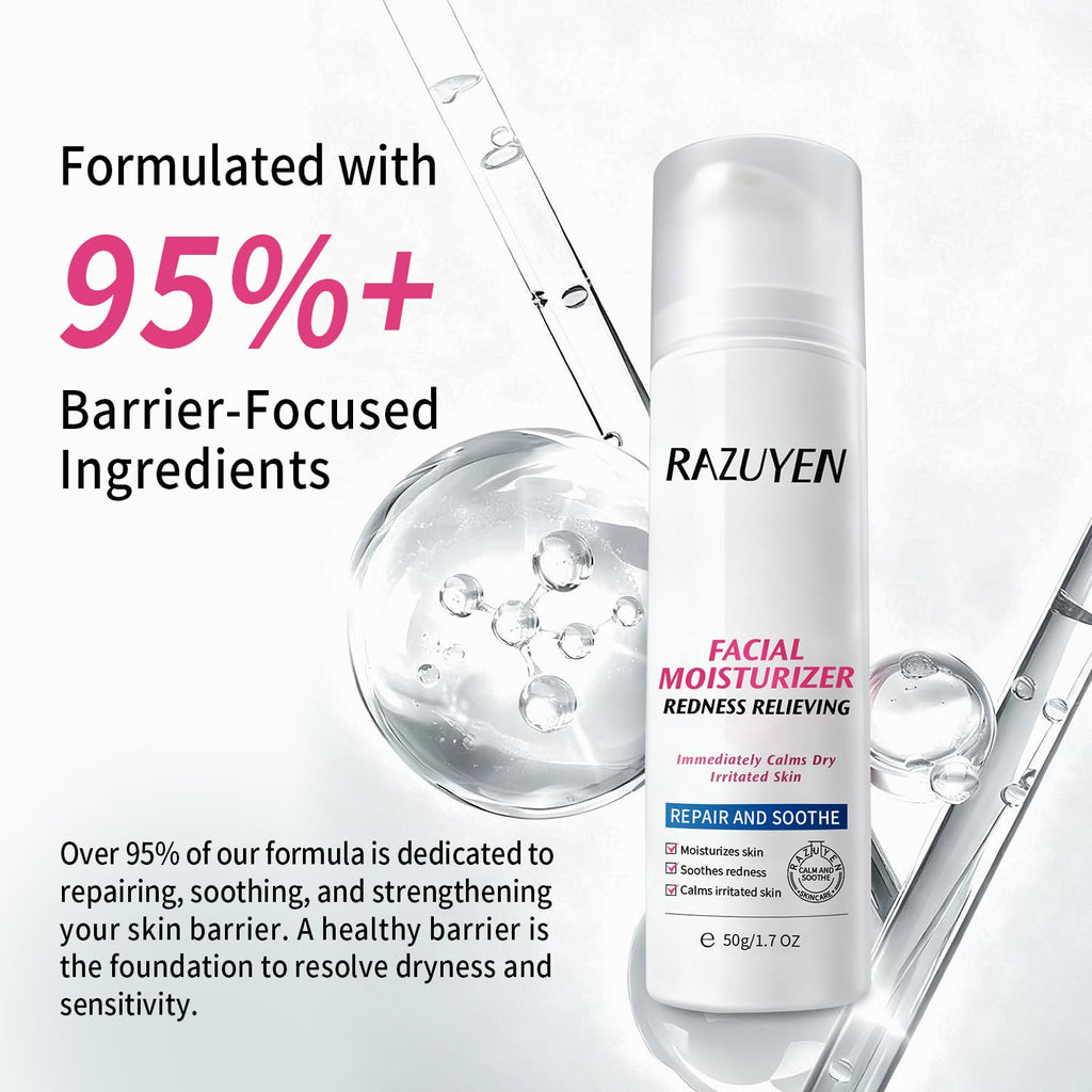 Crème visage RAZUYEN en flacon blanc, gouttes d’eau autour