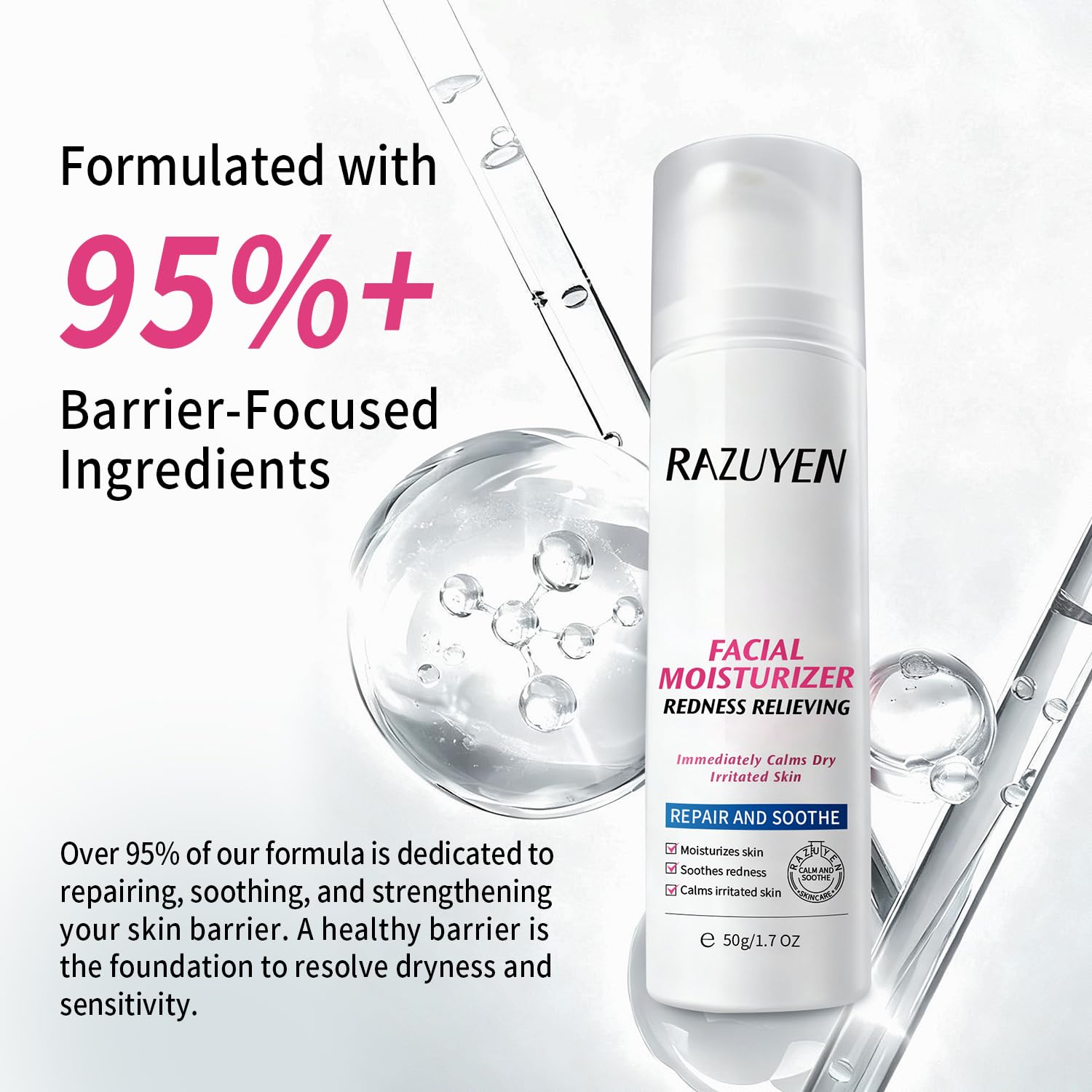 Crème visage RAZUYEN en flacon blanc, gouttes d’eau autour