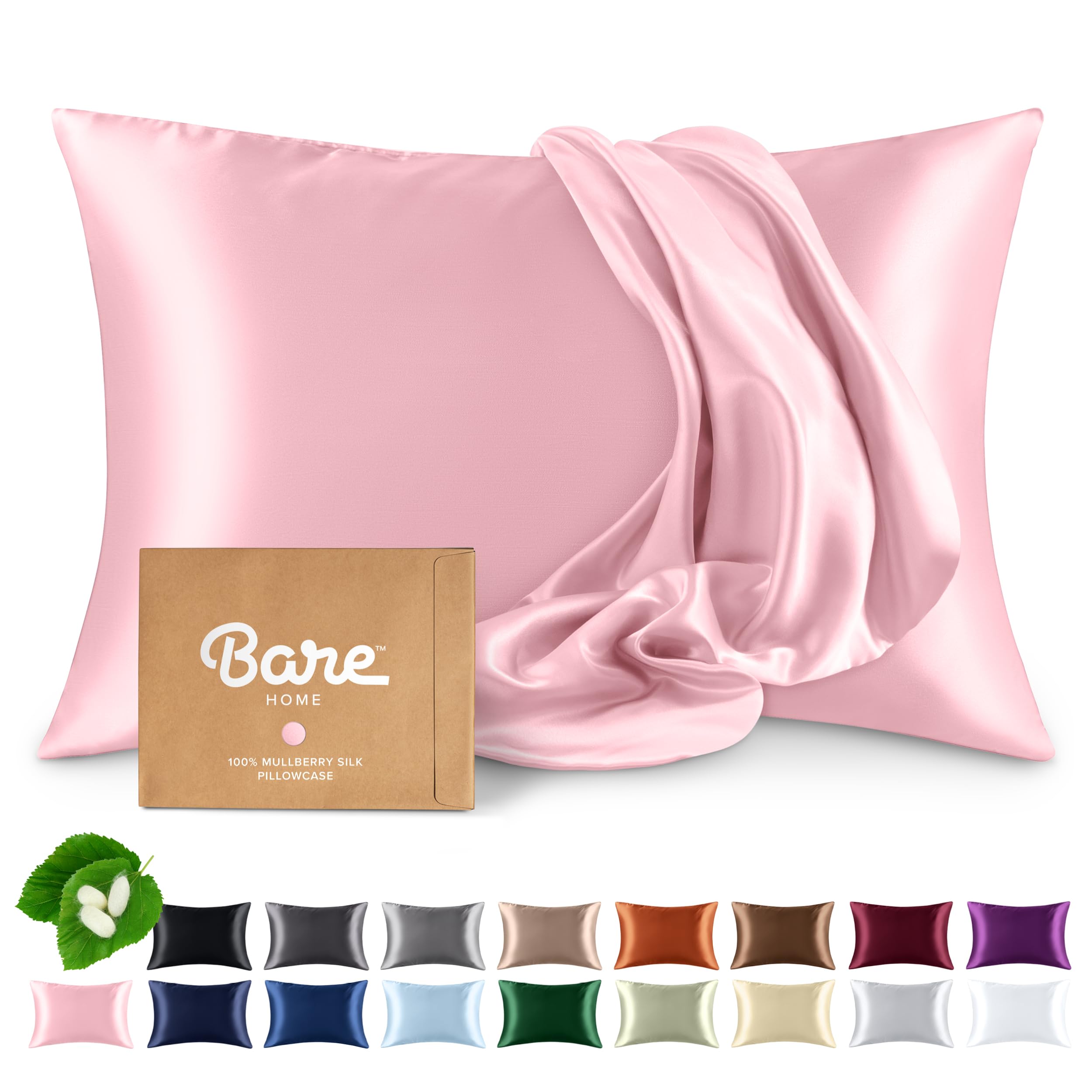 Bare Home 100% Mulberry Silk Pillowcase for Hair and Skin - Ultra Premium 6A Grade 19 Momme Silk Pillow Case - Hidden Zipper - Breathable Cooling Pillow Cover (Body, Silver)