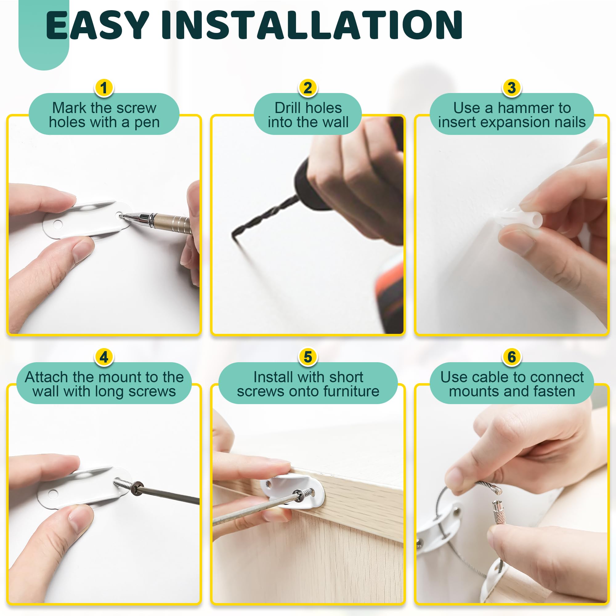 4our Kiddies Furniture Anchors (6 Pack) 2024 Upgraded Furniture Straps for Baby Proofing, Secure 400 Pound Furniture to Wall Prevent Falling Anti Tip Earthquake Straps for Child Safety