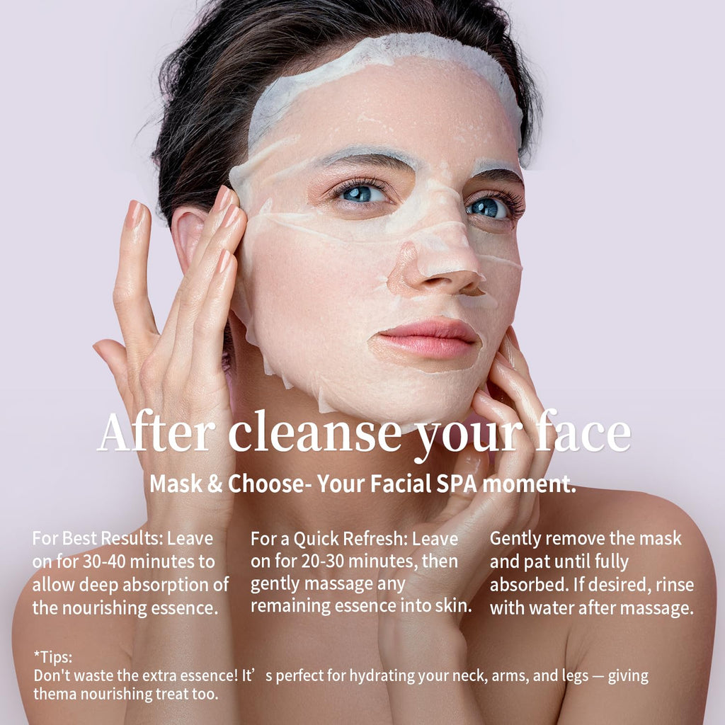 Masque en feuille pour le visage RAZUYEN posé, main près de la joue