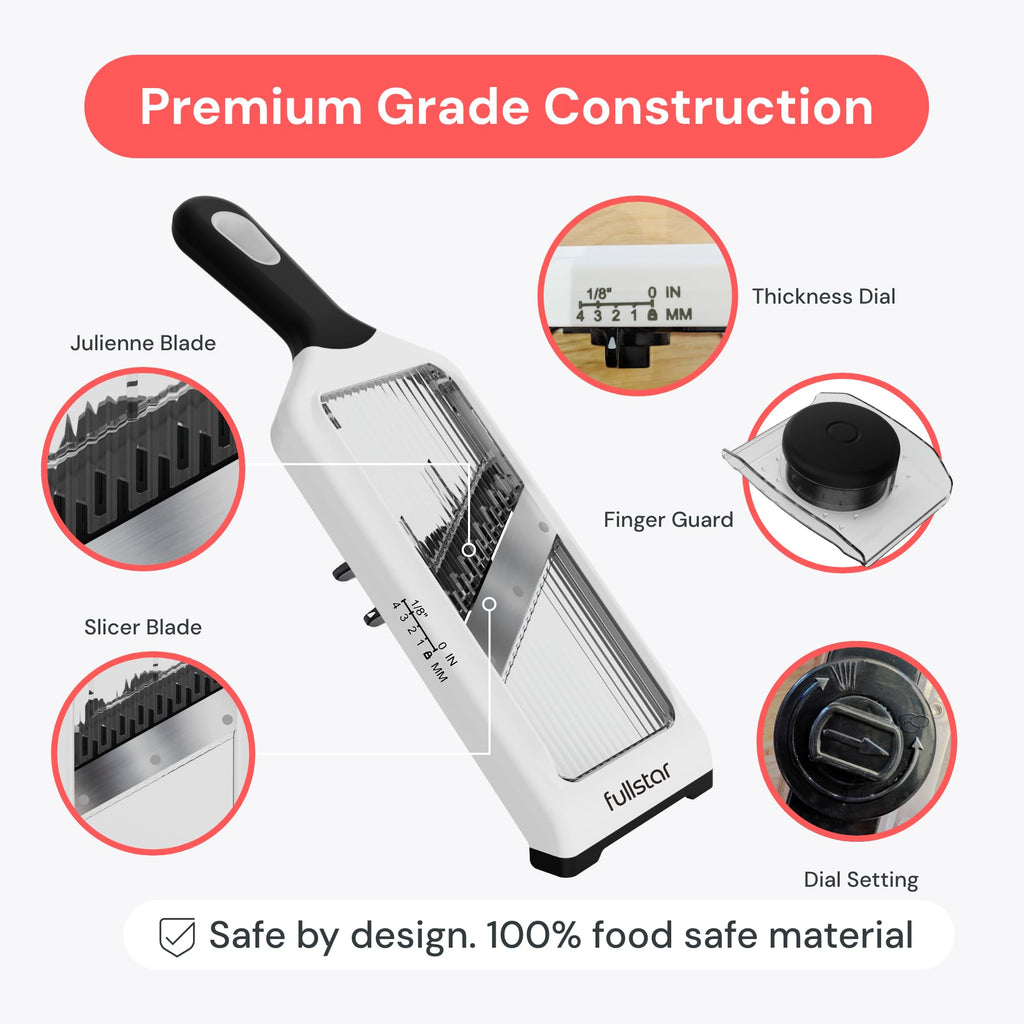 Fullstar 2-in-1 Handheld Mandoline Vegetable Slicer for Kitchen - 4 Thickness Settings - Easy to Use Veggie Slicer & Julienne Cutter - Sharp Blades with Stainless Steel Guard (Handheld 2-in-1, White)