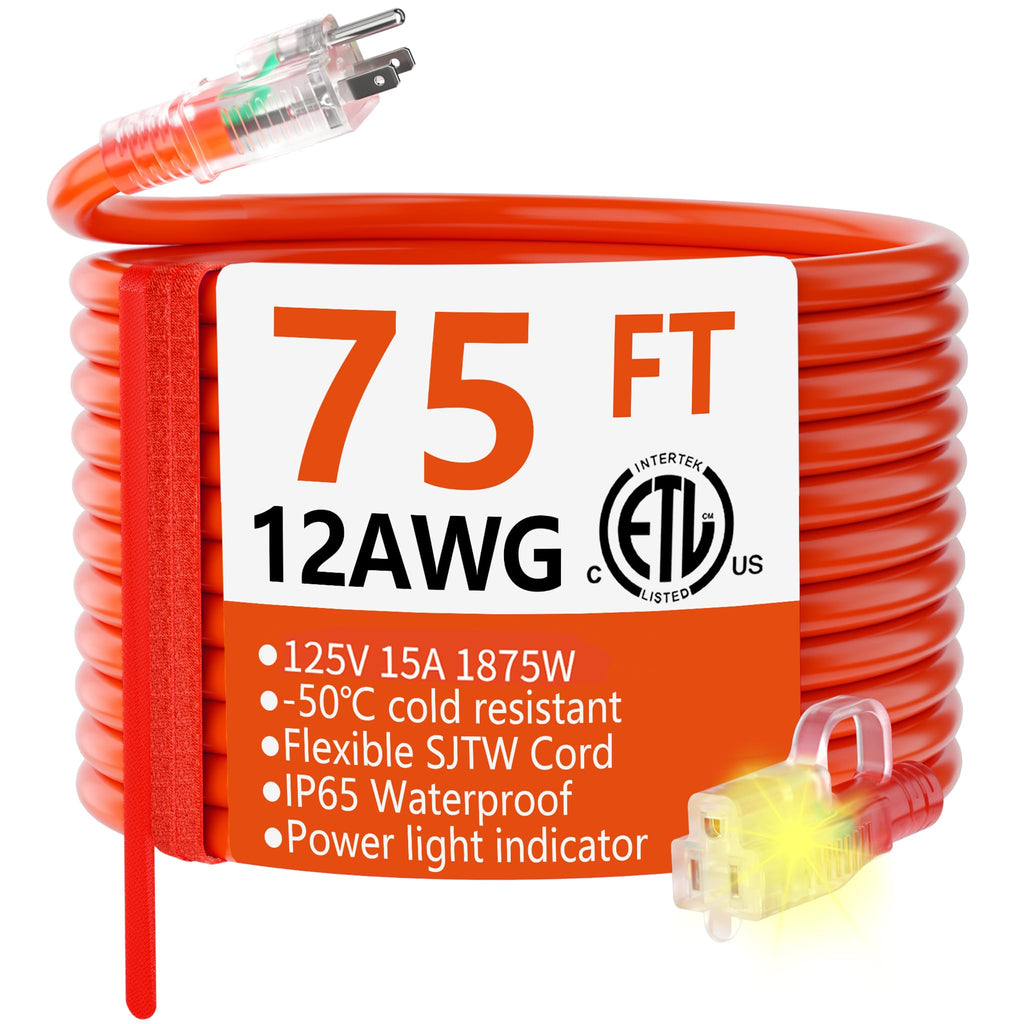 HUANCHAIN 12/3 Gauge Heavy Duty Outdoor Extension Cord 75 ft Waterproof with Lighted end, Flexible Cold-Resistant 3 Prong Electric Cord Outside, 15Amp 1875W 12AWG SJTW, Orange, ETL