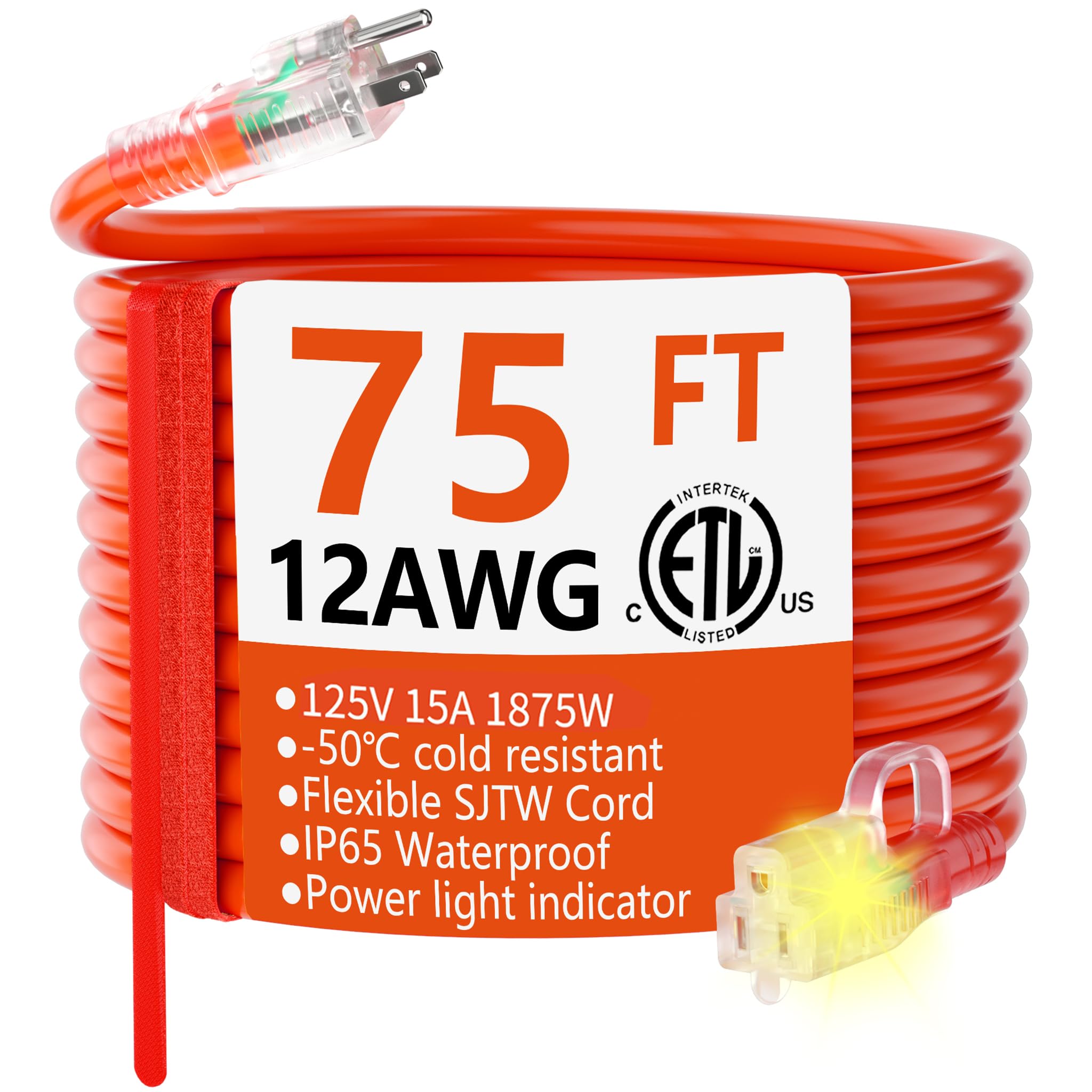 HUANCHAIN 12/3 Gauge Heavy Duty Outdoor Extension Cord 75 ft Waterproof with Lighted end, Flexible Cold-Resistant 3 Prong Electric Cord Outside, 15Amp 1875W 12AWG SJTW, Orange, ETL