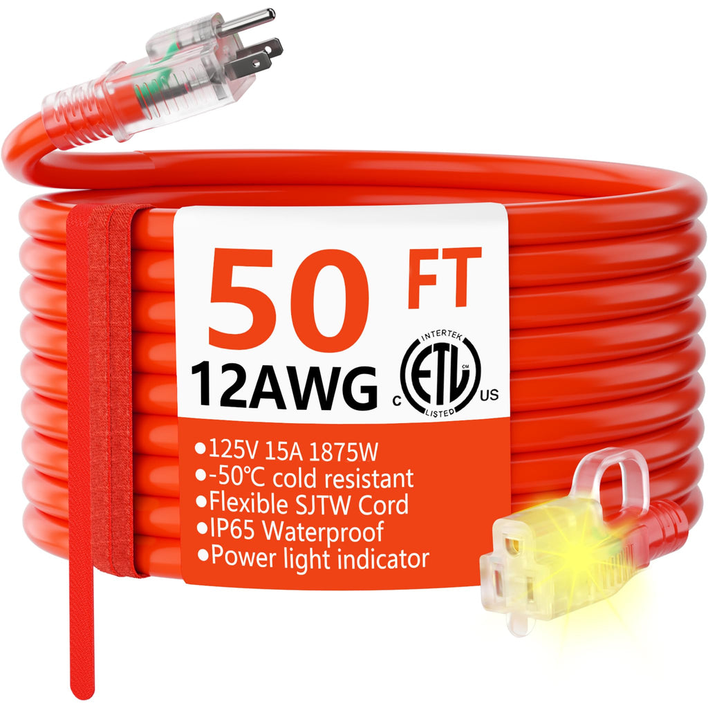 HUANCHAIN 12/3 Gauge Heavy Duty Outdoor Extension Cord 50 ft Waterproof with Lighted end, Flexible Cold-Resistant 3 Prong Electric Cord Outside, 15Amp 1875W 12AWG SJTW, Orange, ETL