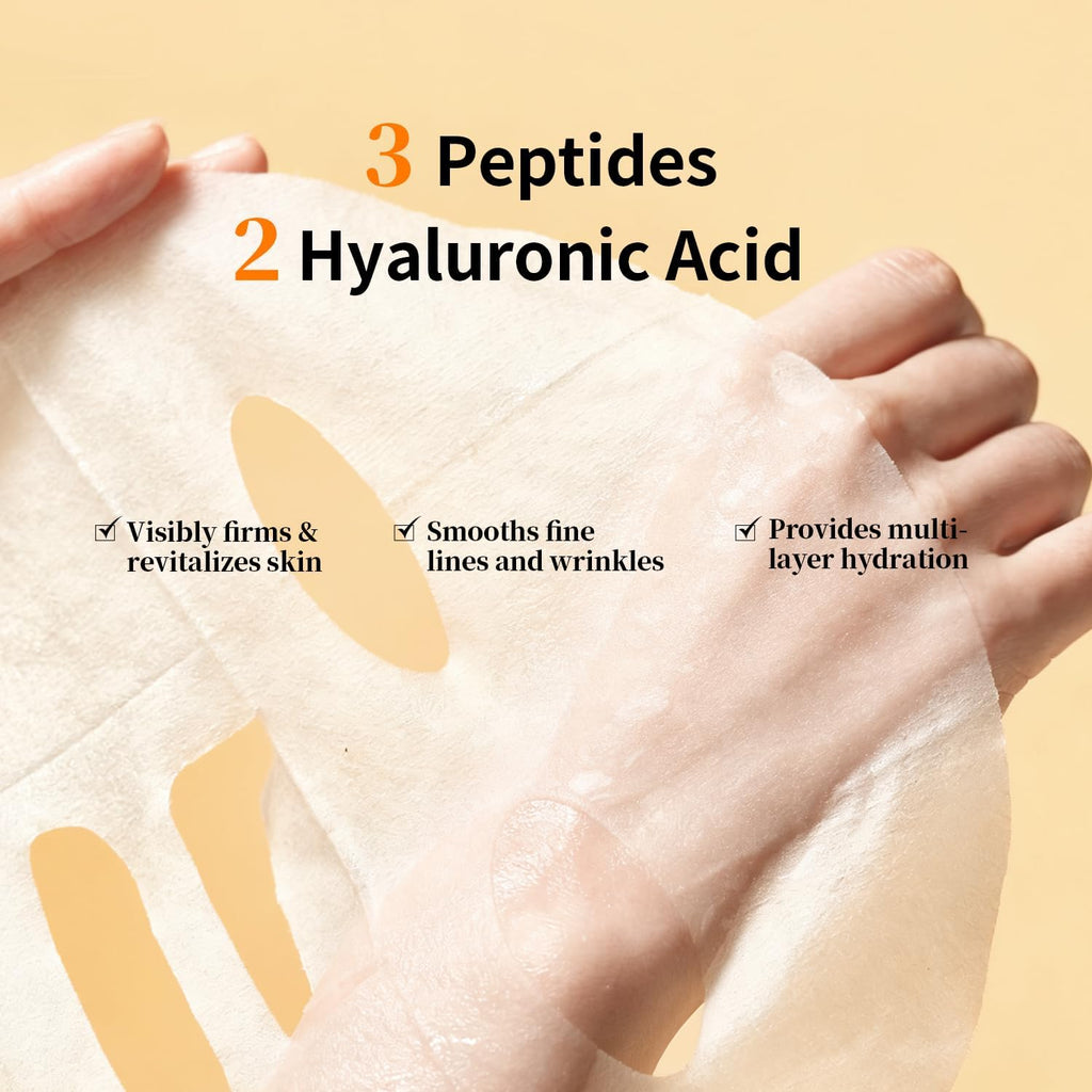 Masque en tissu hydratant appliqué sur la peau, avec sérum jaunâtre