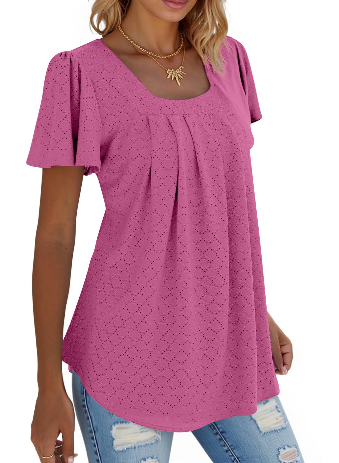 isermeo Summer Tops for Women Pleated Square Neck Ruffle Sleeve Shirts Casual Loose Flowy Curved Hem Tunic S-XXL