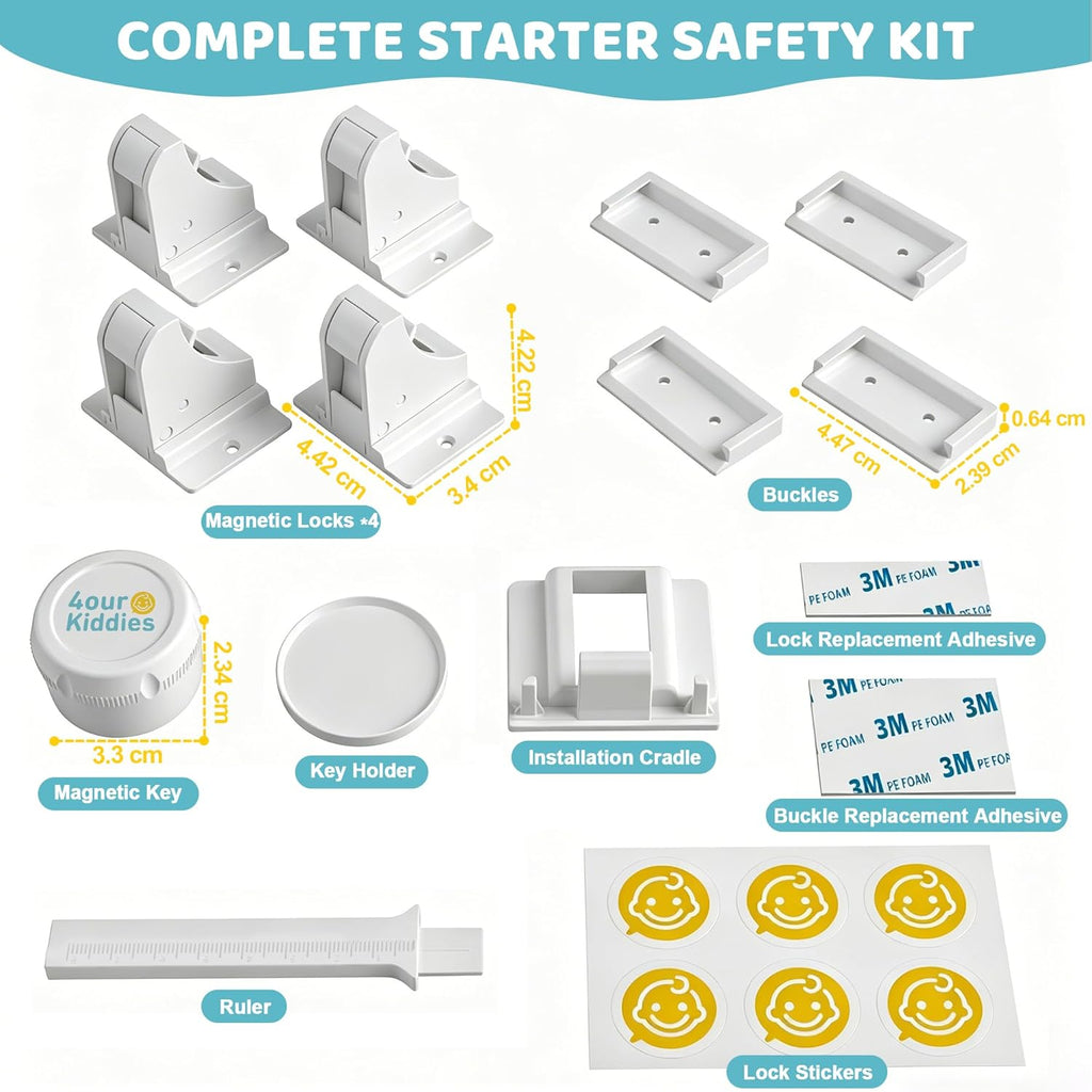 Magnetic Cabinet Locks 4 Locks + 1 Key, Baby Proofing Child Safety Locks for Cabinets and Drawers, Invisible No Drill Adhesive Design with Easy Installation Template & Screws, Starter Kit