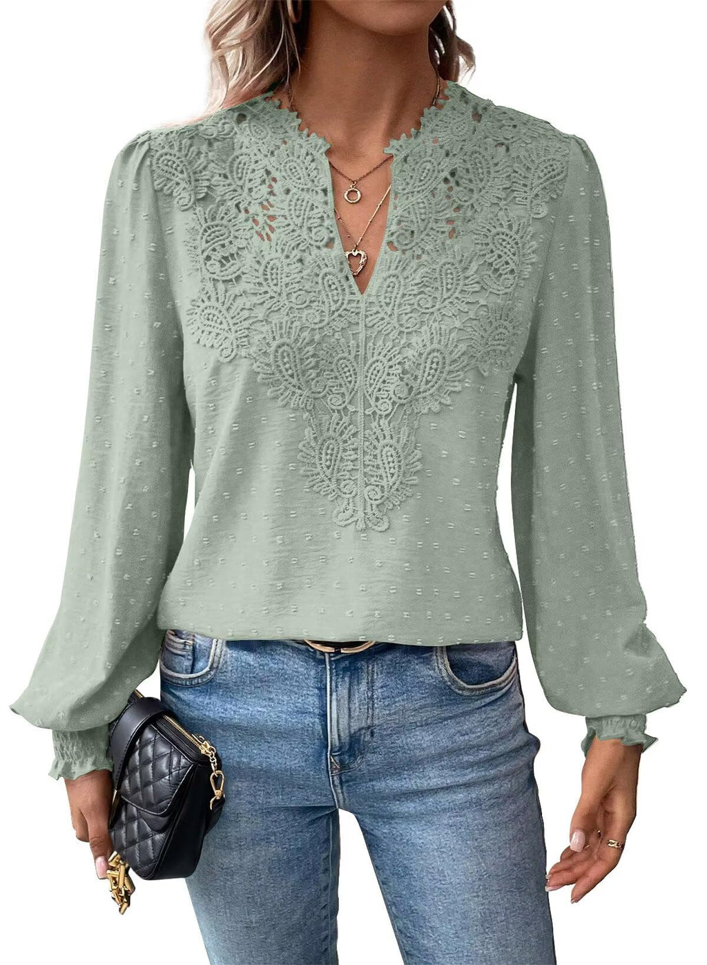 Falechay Womens Tops Swiss Dot Boho Long Sleeve Shirts V Neck Casual Chiffon Blouses Flowy Lace Hem Cute Clothing Trendy 2026