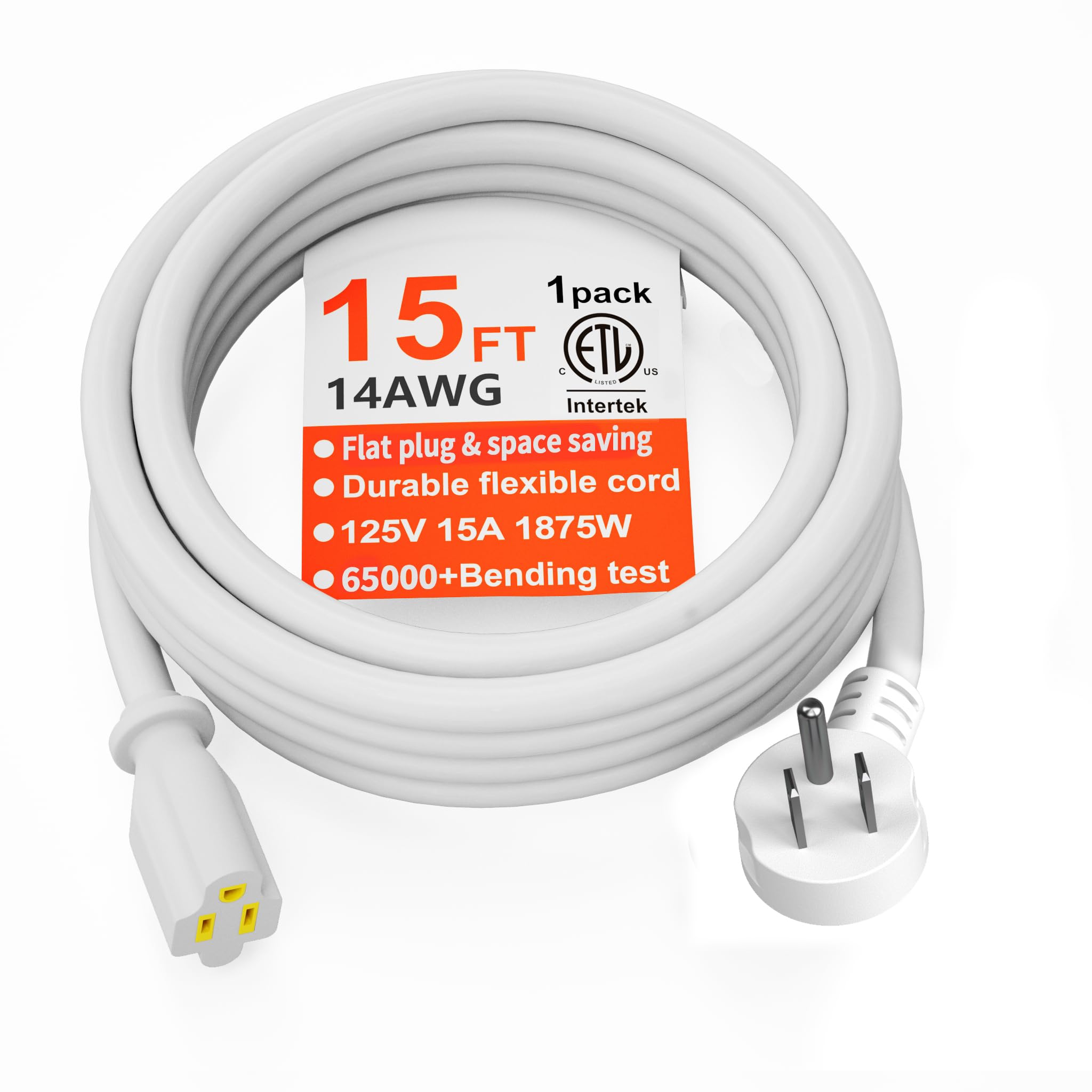 Rallonge électrique HUANCHAIN blanche, fiche plate 3 broches, câble 14AWG, 15 ft