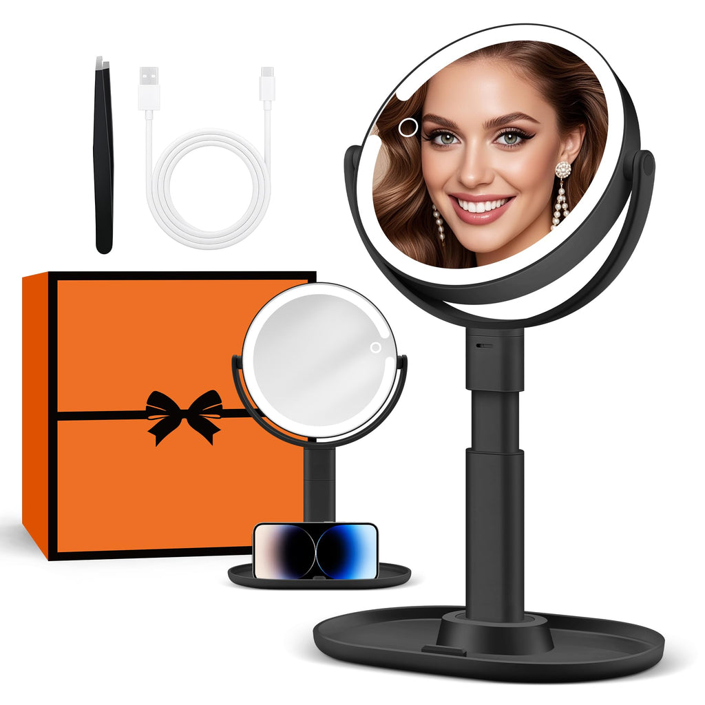 Miroir de maquillage lumineux sur pied, cadre noir, double face