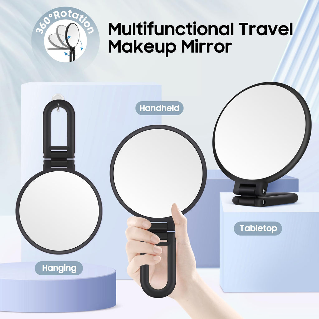 Miroir de maquillage multifonction à manche, cadre noir, peut se poser ou suspendre