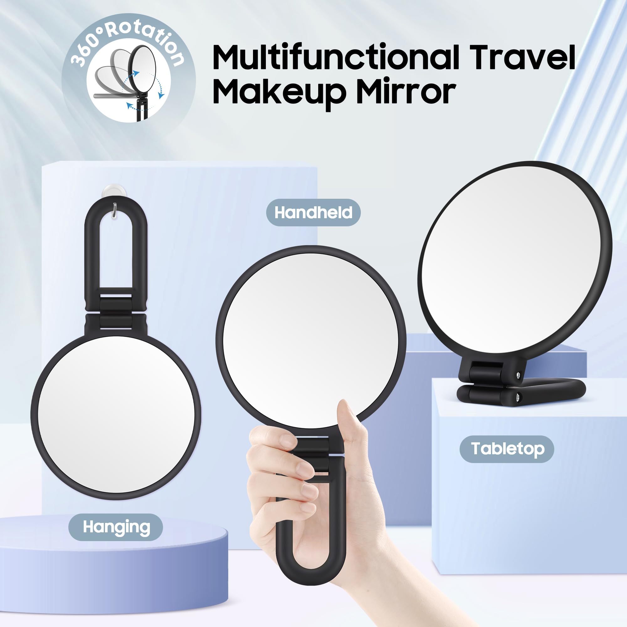 Miroir de maquillage multifonction à manche, cadre noir, peut se poser ou suspendre